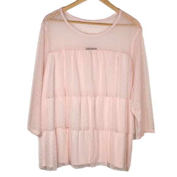 Lane Bryant Top Baby Pink Tiered Tulle Lace Sheer Flowy Long Sleeve Stretch 22 - Picture 2 of 11